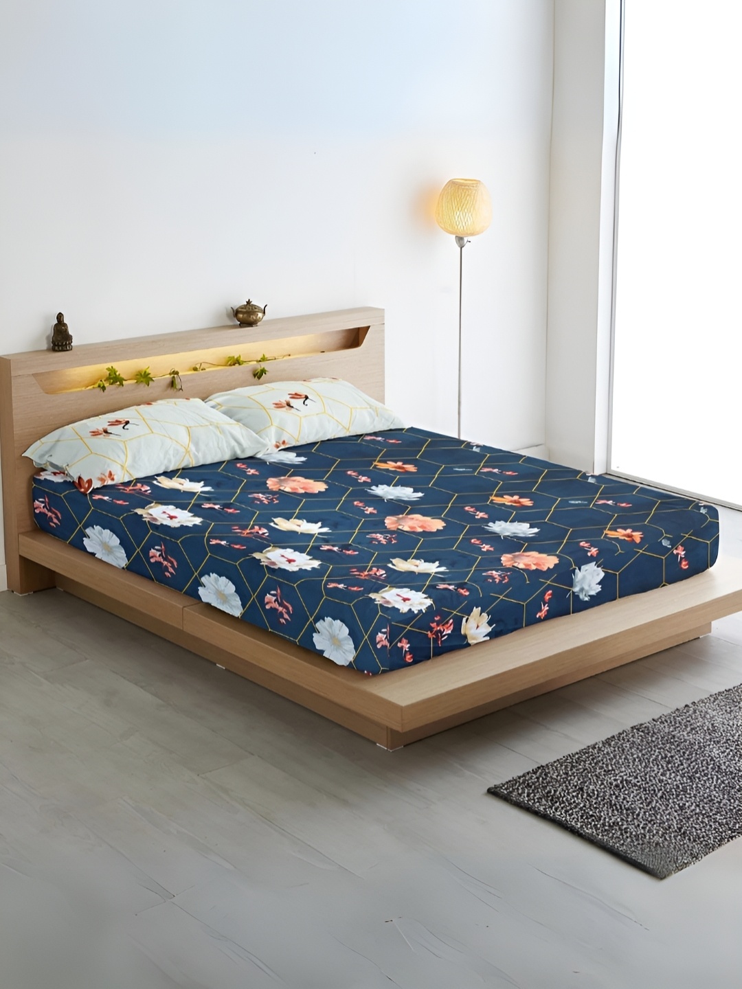 

Aurave Blue & Pink Floral 300 TC King Bedsheet with 2 Pillow Covers