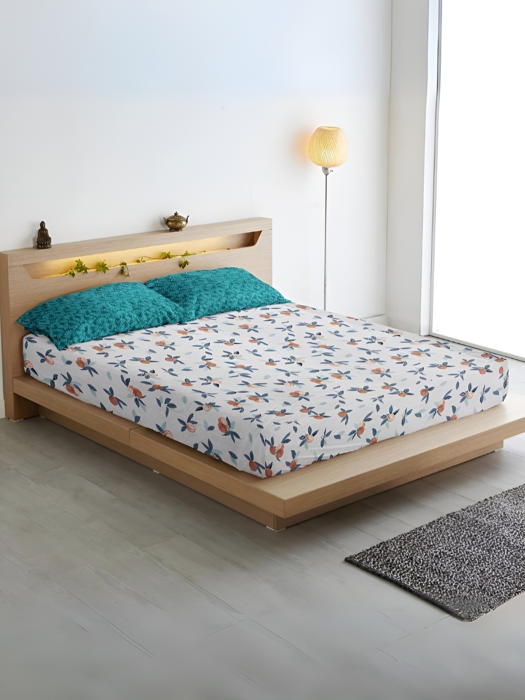 

Aurave Grey & Blue Floral Printed 300 TC King Bedsheet with 2 Pillow Covers
