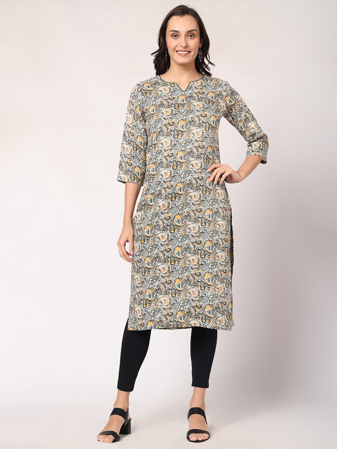 

GOCHIKKO Paisley Printed Cotton Straight Kurta, Grey melange