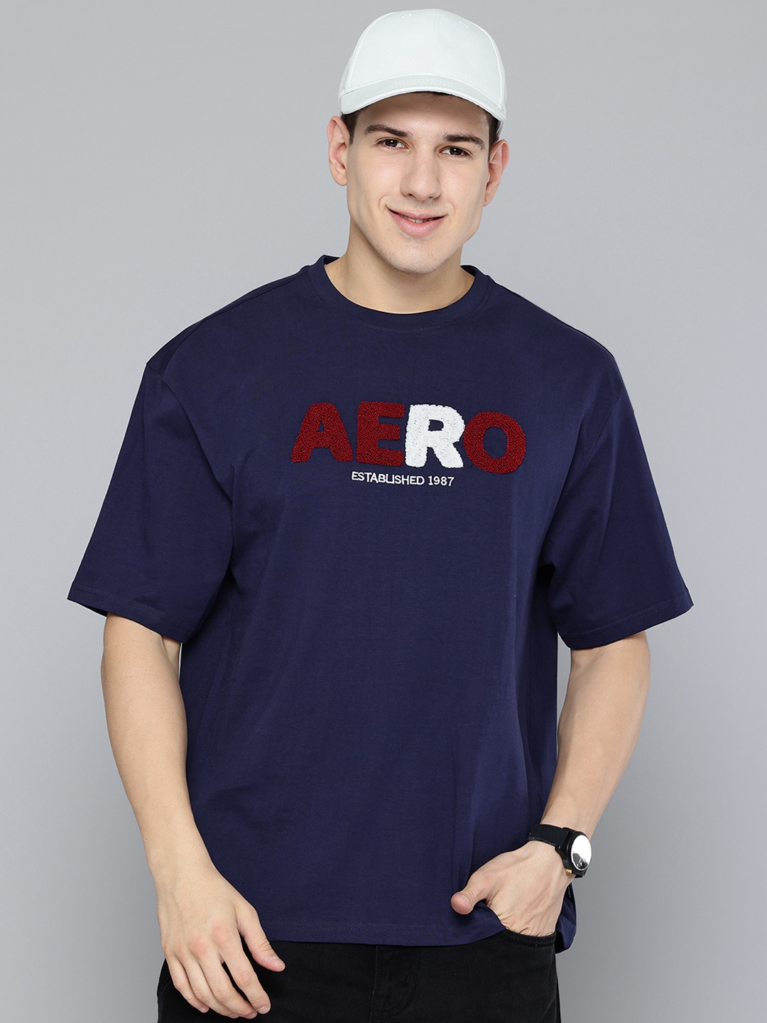 

Aeropostale Typography Drop-Shoulder Sleeves Cotton T-shirt, Navy blue