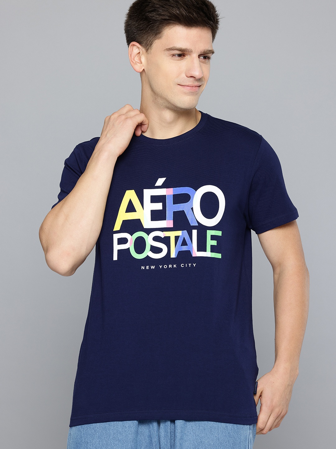 

Aeropostale Men Brand Logo Printed Pure Cotton T-shirt, Navy blue