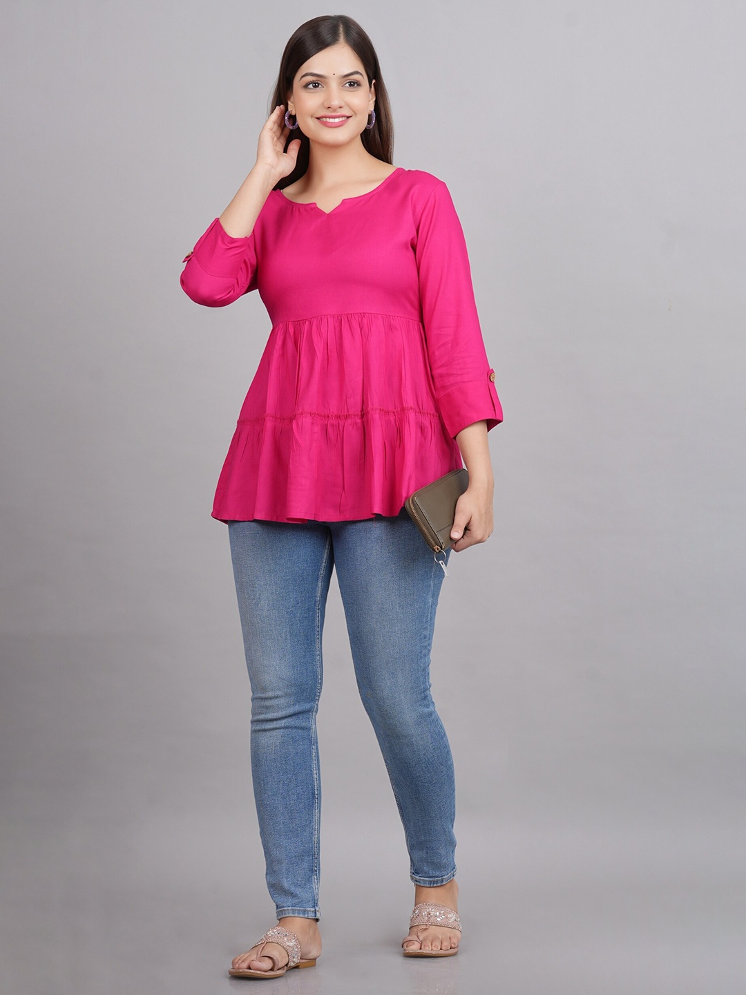 

NEW4U Notch Neck Roll-Up Sleeves Empire Top, Pink