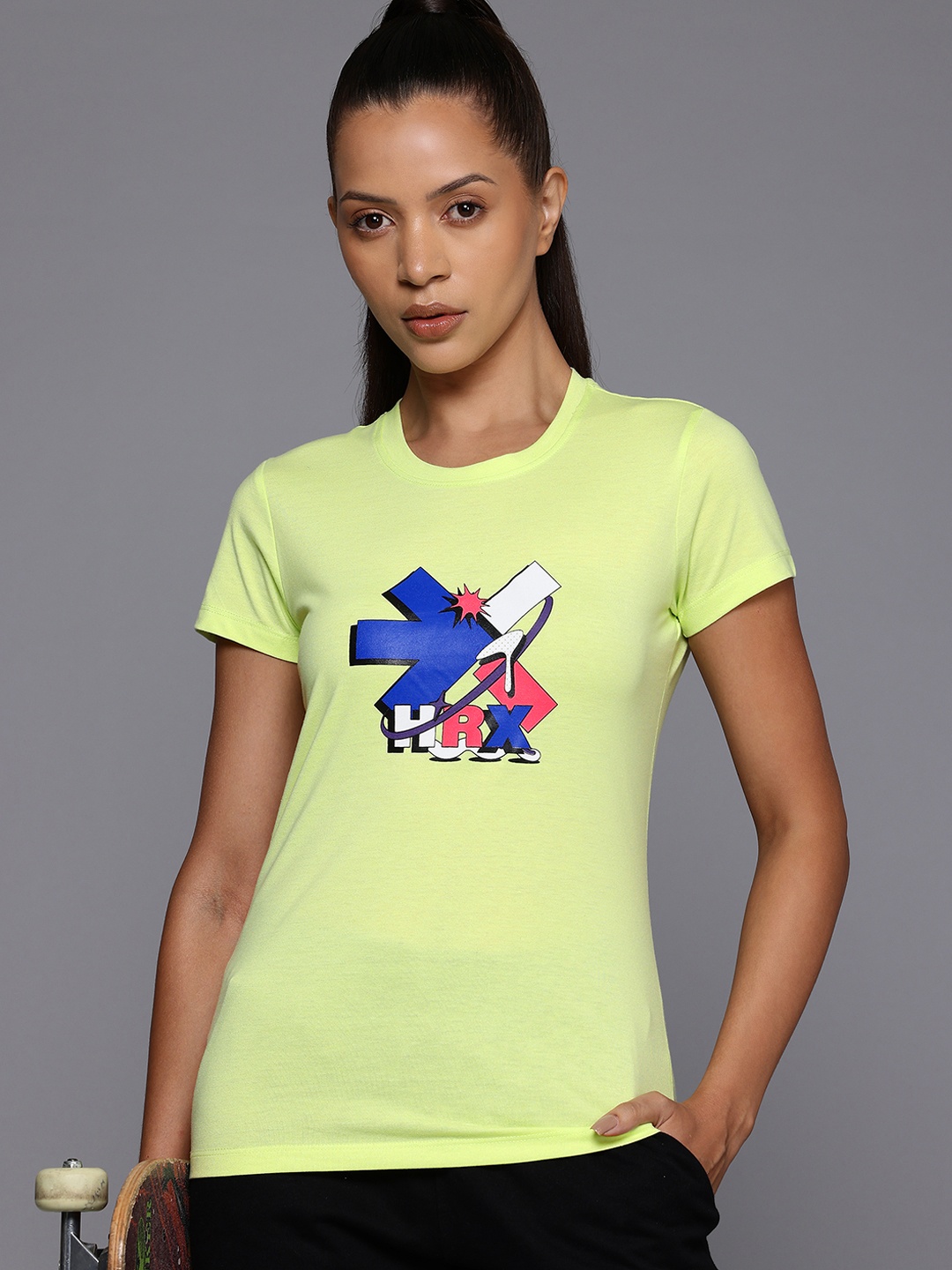 

HRX by Hrithik Roshan Women Brand Logo Printed Slim Fit T-shirt, Lime green