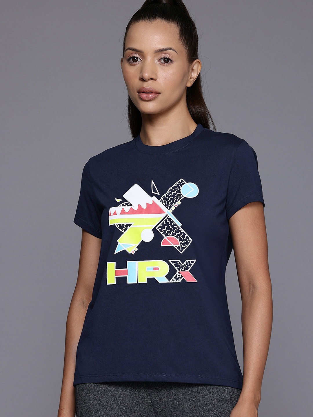 

HRX by Hrithik Roshan Women Brand Logo Printed T-shirt, Navy blue