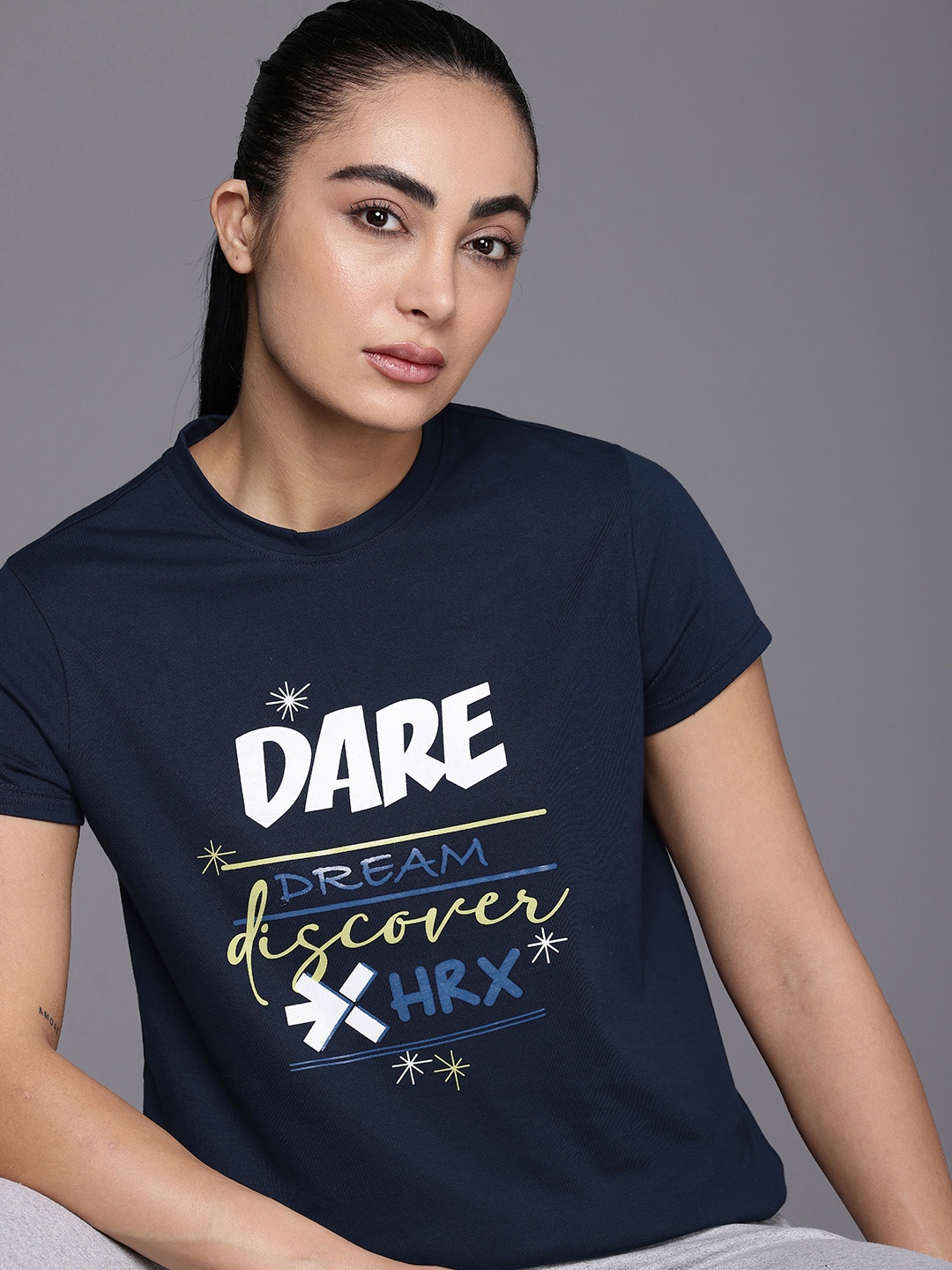 

HRX by Hrithik Roshan Typography Printed T-shirt, Navy blue