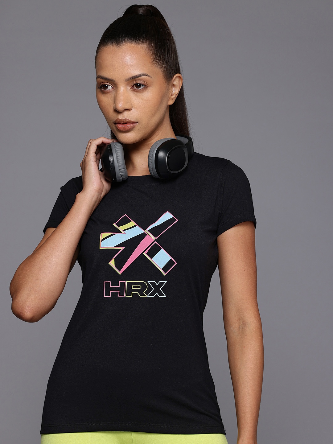 

HRX by Hrithik Roshan Women Brand Logo Printed Slim Fit T-shirt, Black