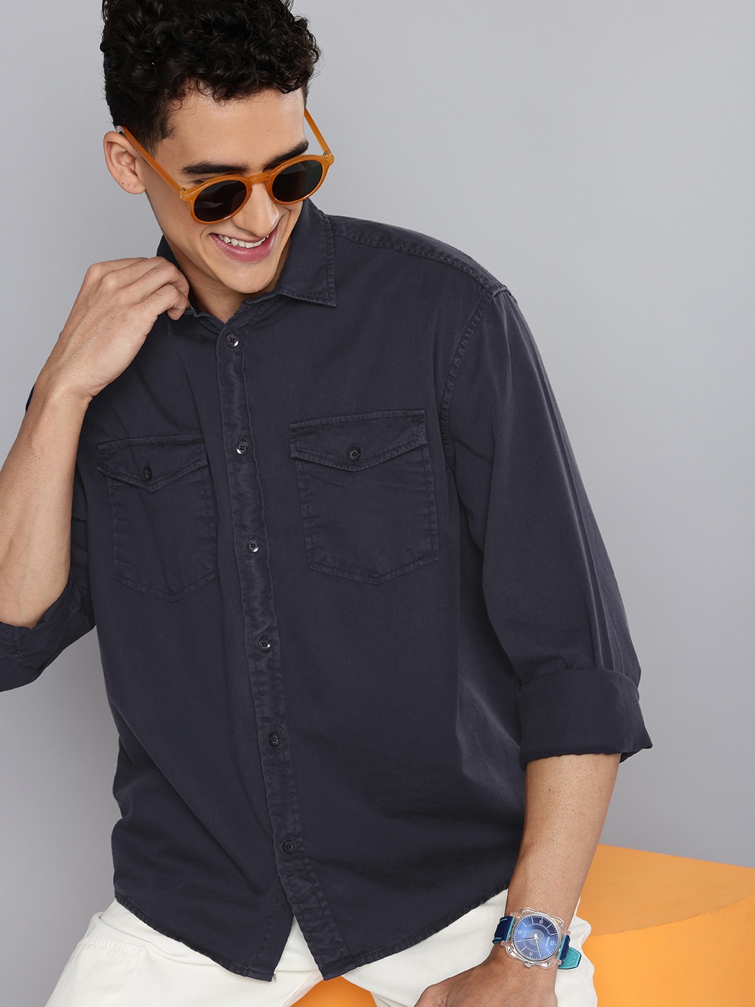 

Aeropostale Drop-Shoulder Sleeves Pure Cotton Casual Shirt, Navy blue