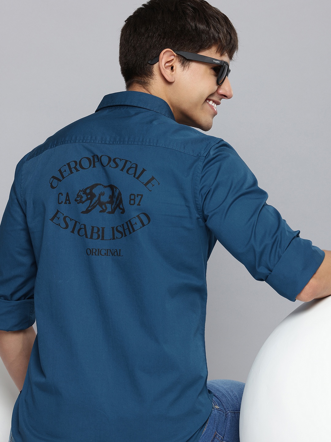 

Aeropostale Men Brand Logo Back Printed Pure Cotton Casual Shirt, Navy blue