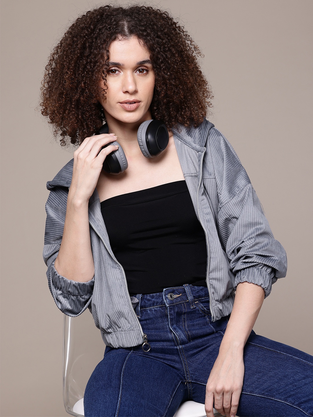 

The Roadster Lifestyle Co. Self-Striped Hooded Crop Tailored Jacket, Grey