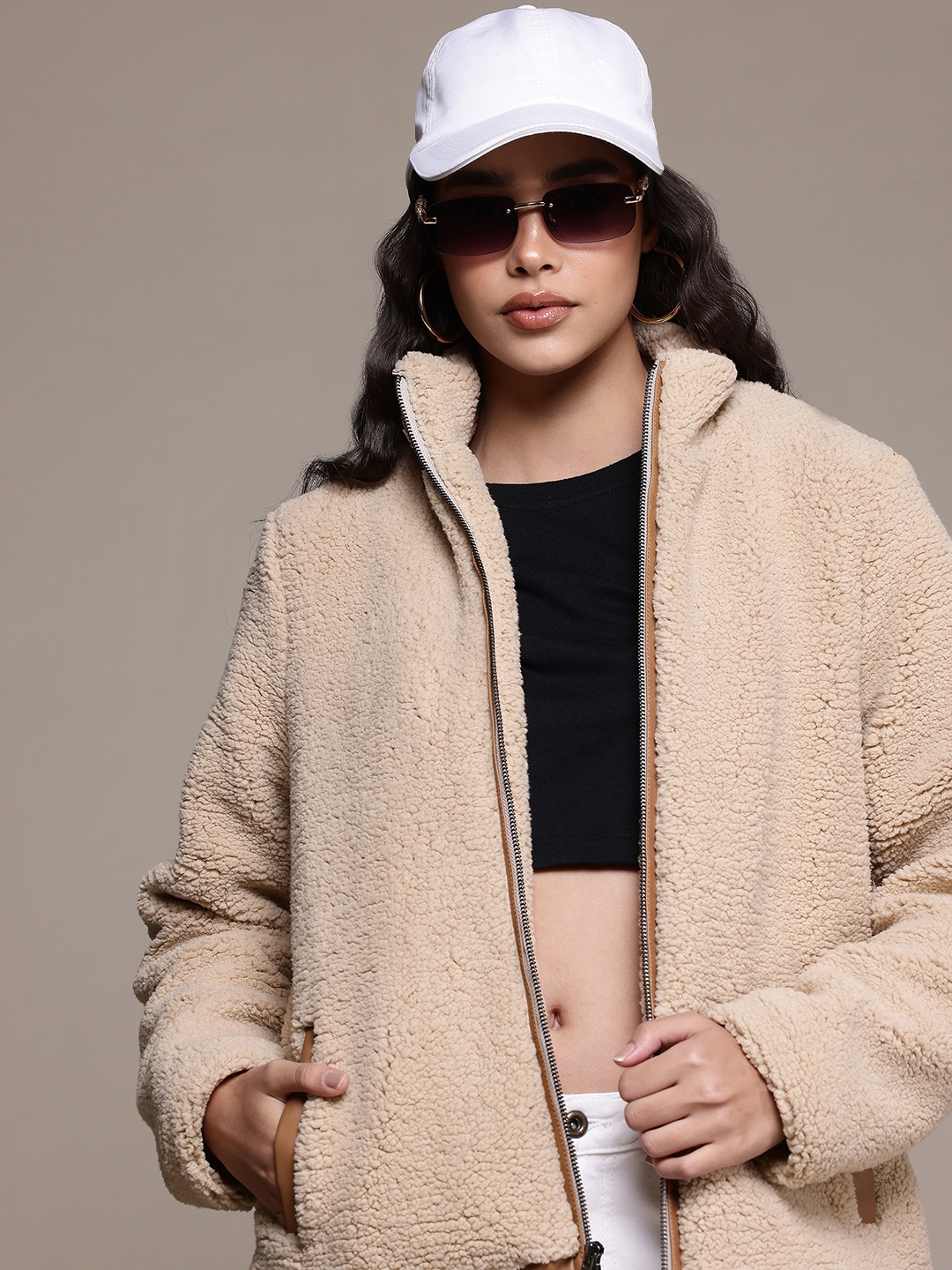 

The Roadster Lifestyle Co. Open Front Fleece Jacket, Beige