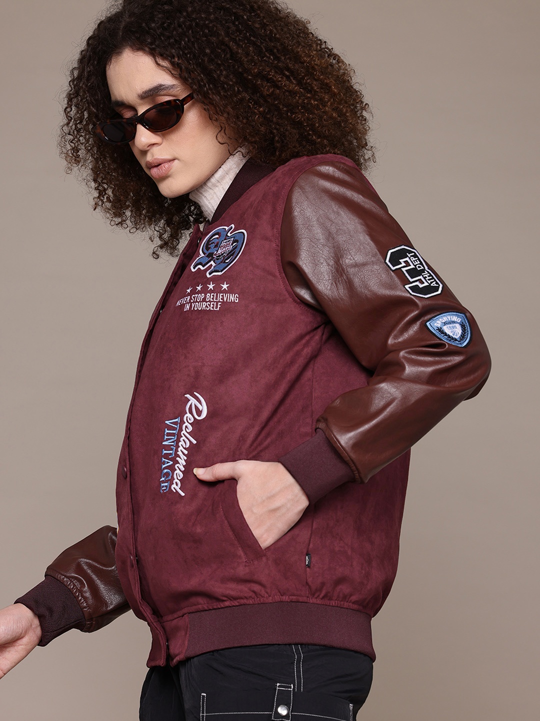 

Roadster The Lifestyle Co. Typography Embroidered Varsity Jacket, Maroon