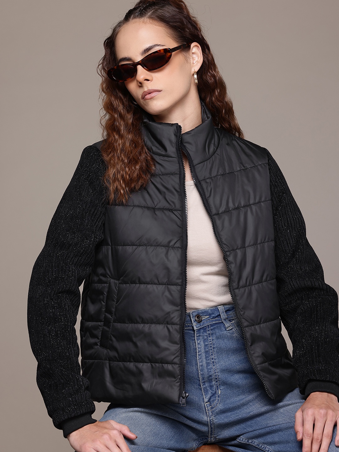 

The Roadster Lifestyle Co. Knitted Sleeves Padded Jacket, Black