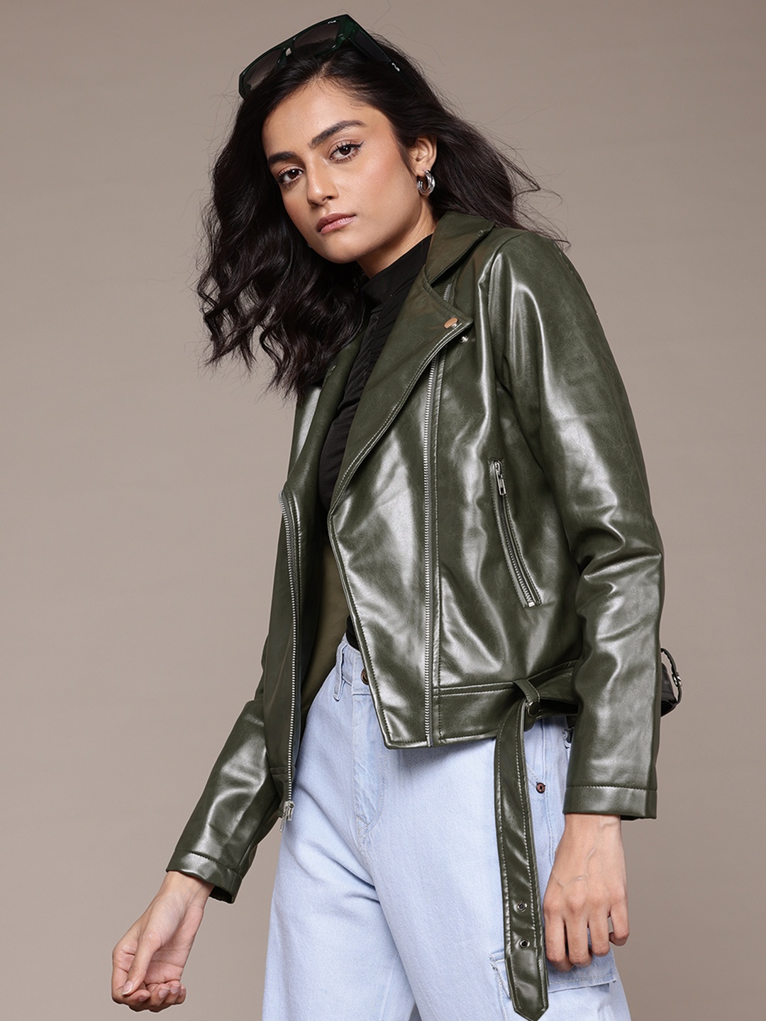 

The Roadster Lifestyle Co. Faux Leather Biker Jacket with Belt, Olive