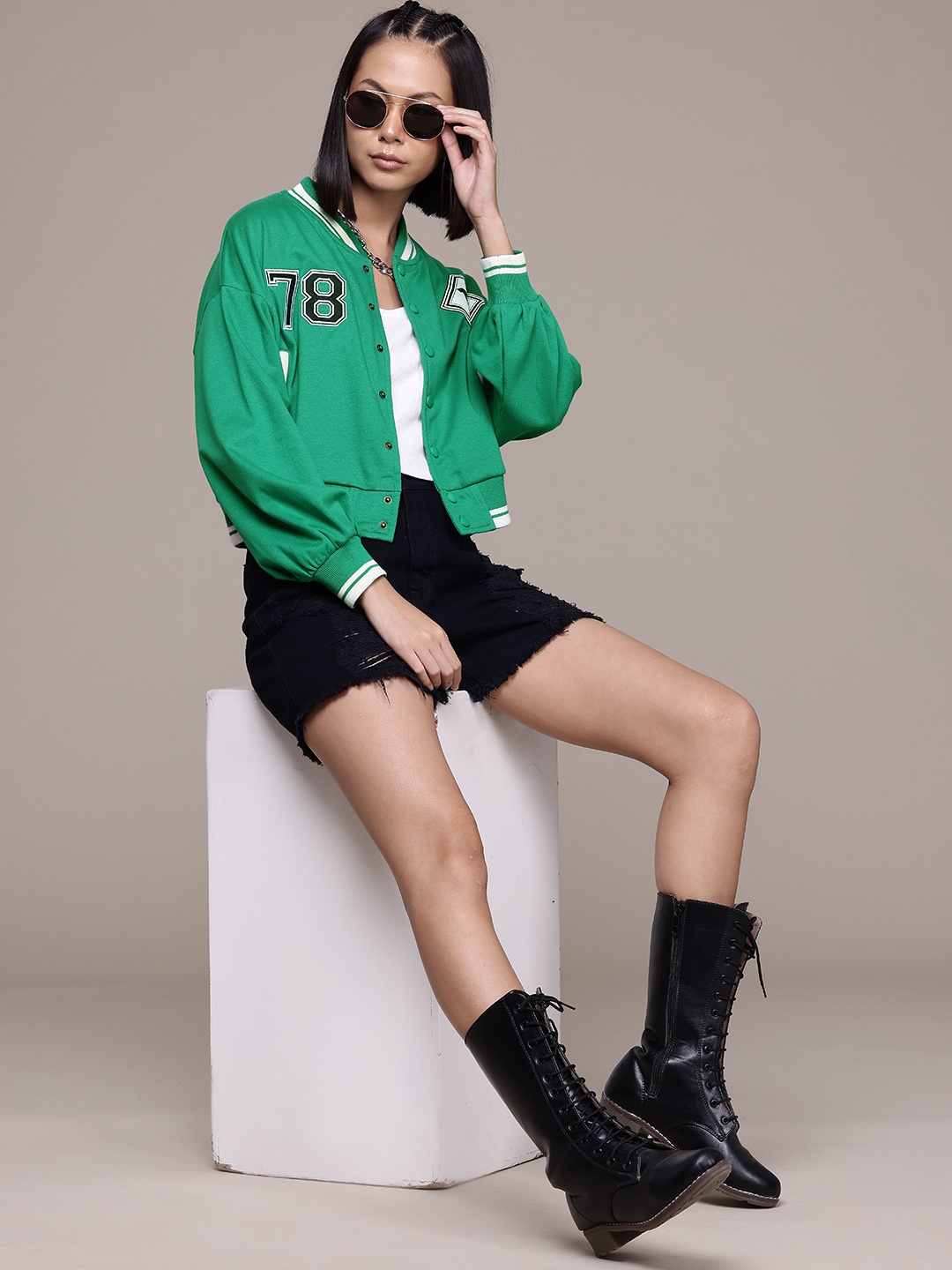 

The Roadster Lifestyle Co. Printed Crop Varsity Jacket, Green