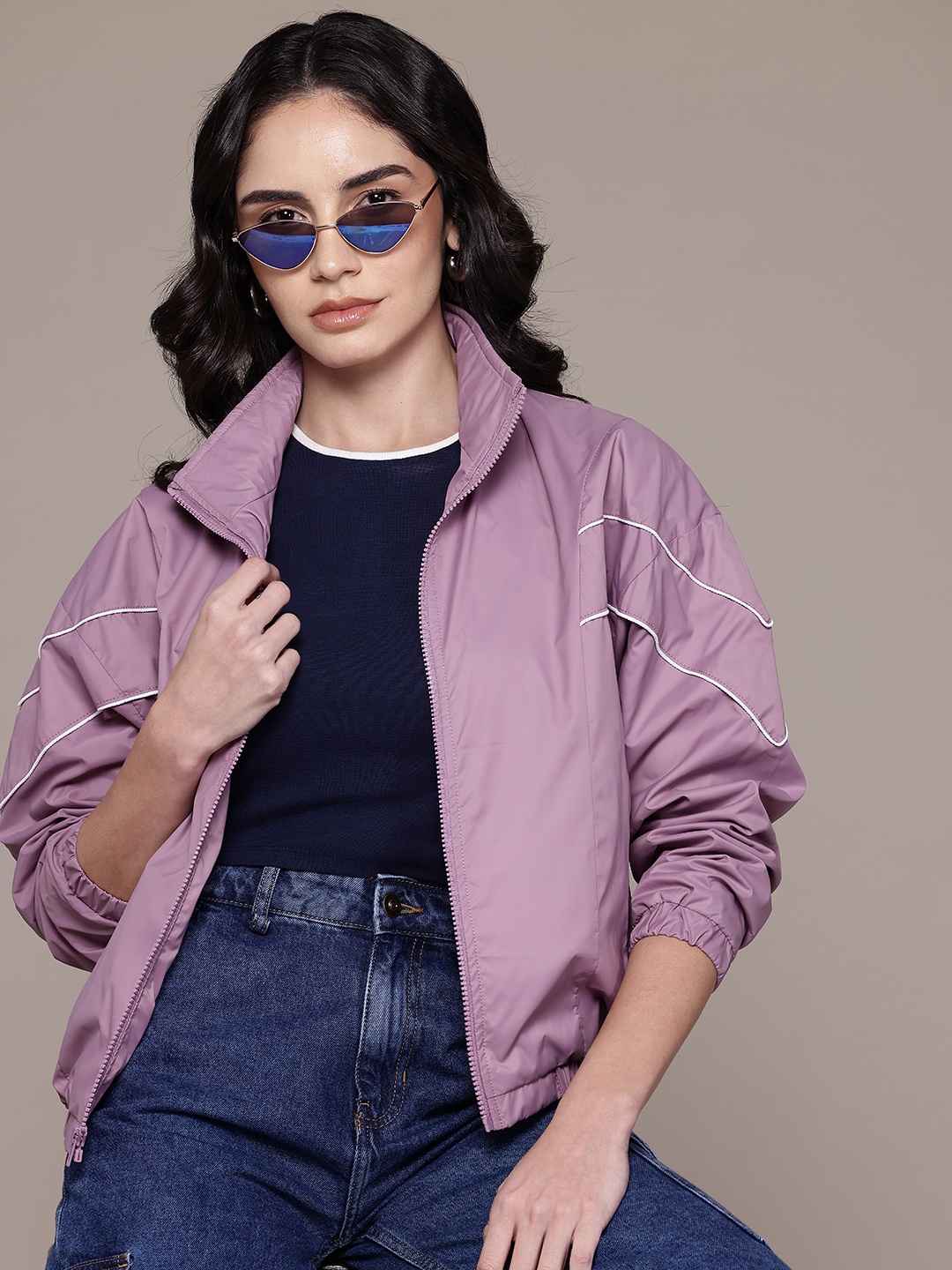 

The Roadster Lifestyle Co. Contrast Piping Bomber Jacket, Mauve