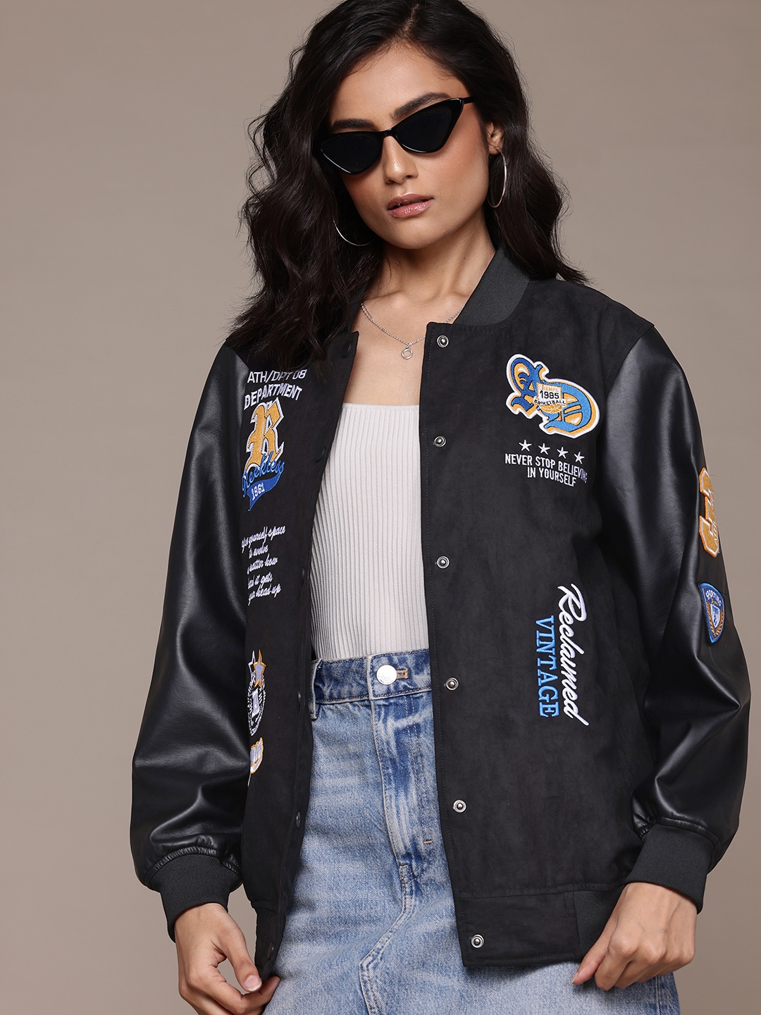 

Roadster The Lifestyle Co. Typography Embroidered Varsity Jacket, Black