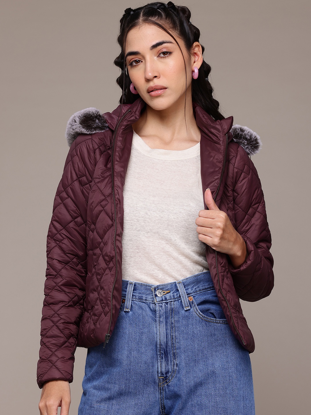 

The Roadster Lifestyle Co. Faux Fur Trim Quilted Jacket, Burgundy