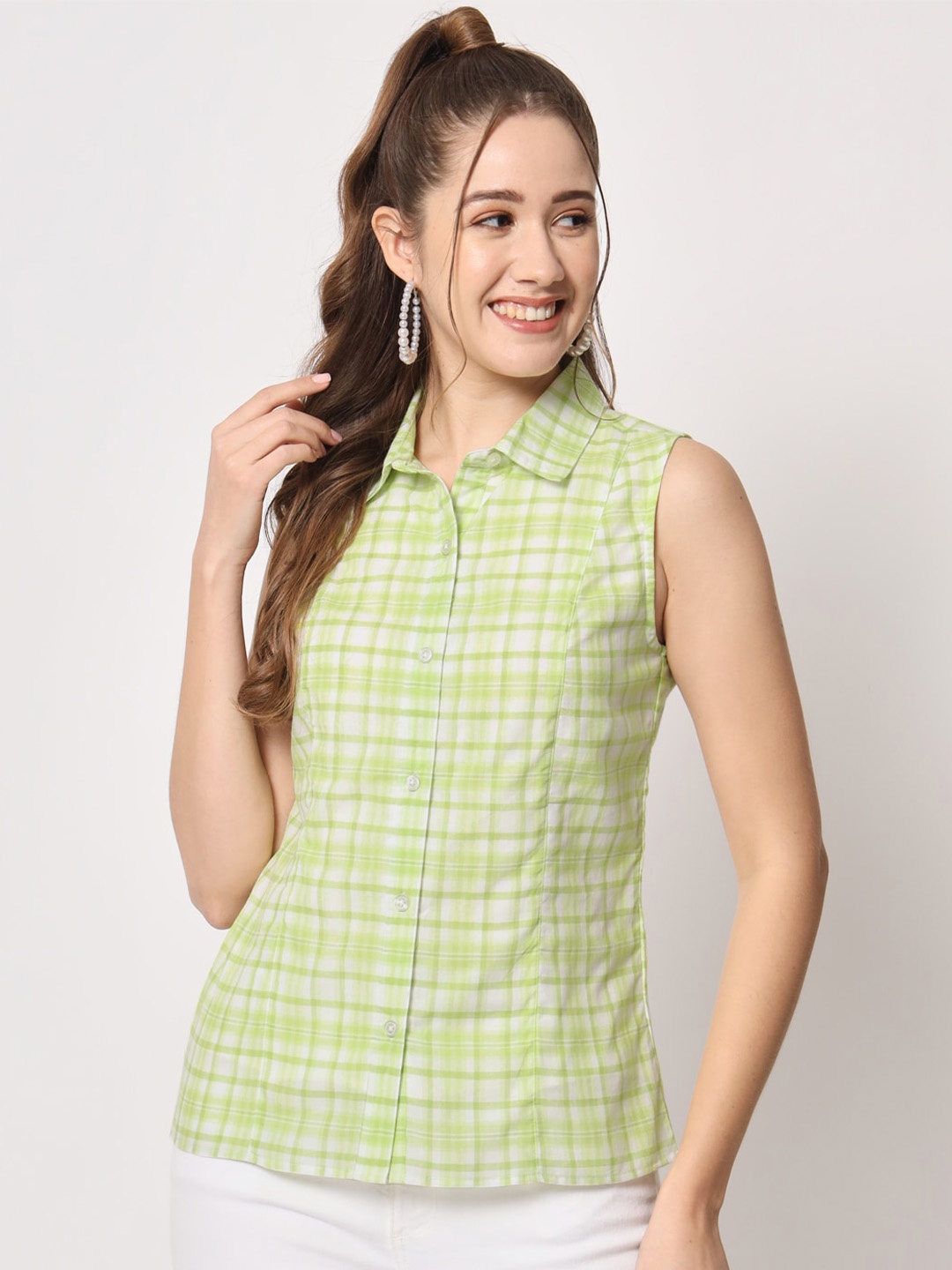

CHARMGAL Tartan Checked Spread Collar Casual Shirt, Green