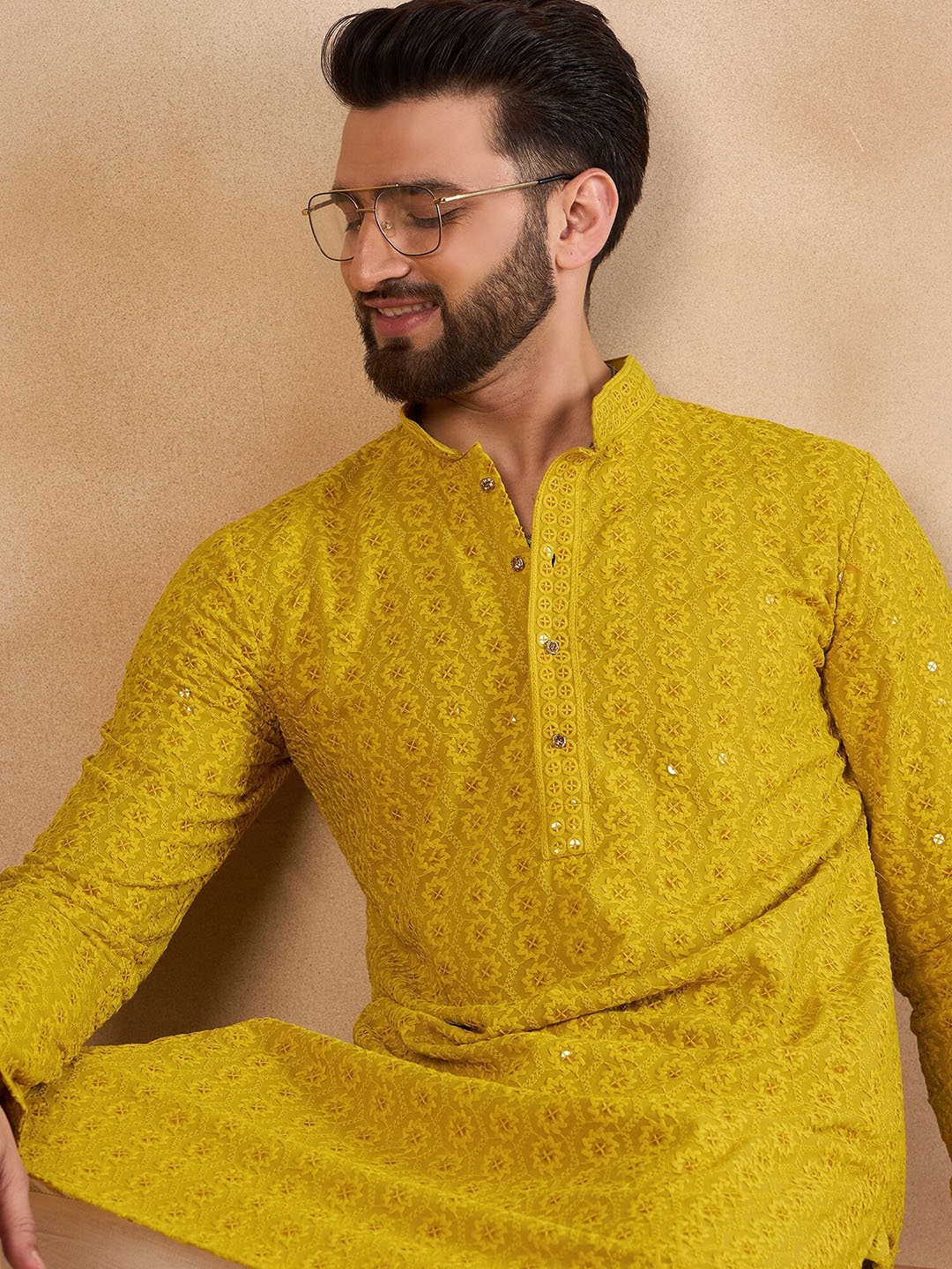 

House of Pataudi Ethnic Motifs Embroidered Mandarin Collar Straight Kurta, Mustard