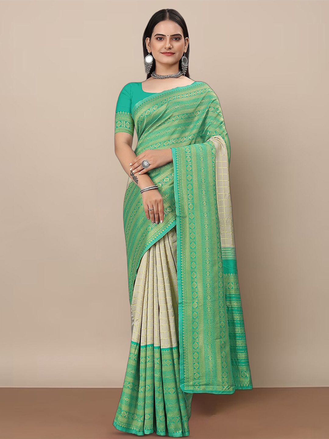 

KALINI Ethnic Motifs Zari Banarasi Saree, Green