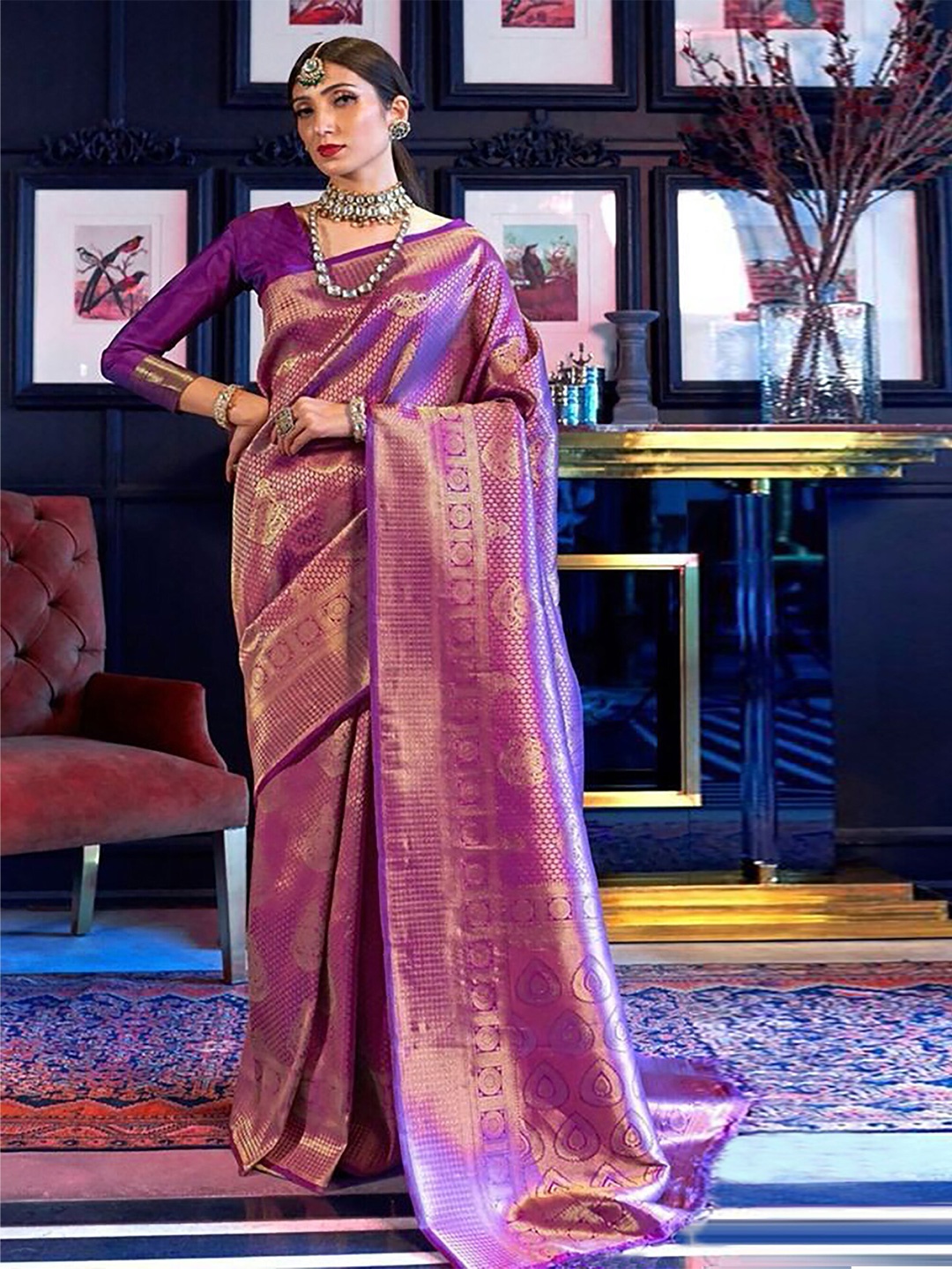 

KALINI Ethnic Motifs Woven Design Zari Banarasi Saree, Purple