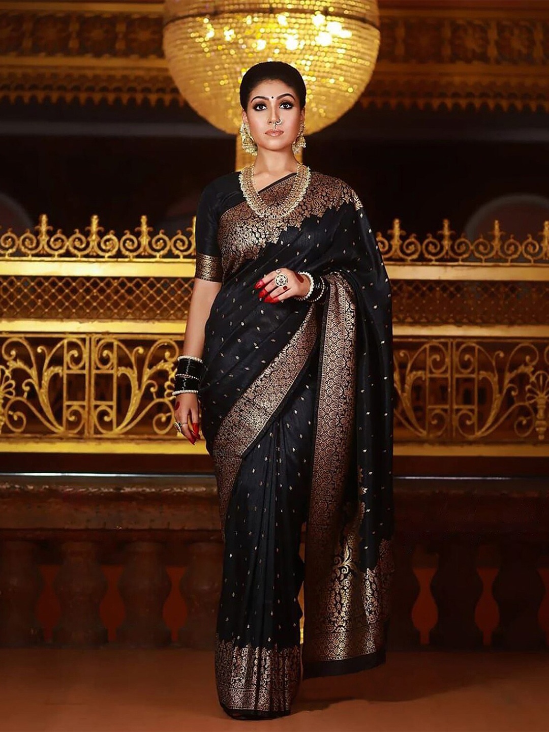 

KALINI Ethnic Motifs Woven Designed Zari Banarasi Saree, Black
