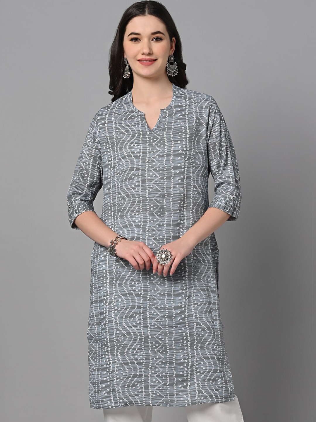 

KALINI Bandhani Printed Straight Kurta, Grey