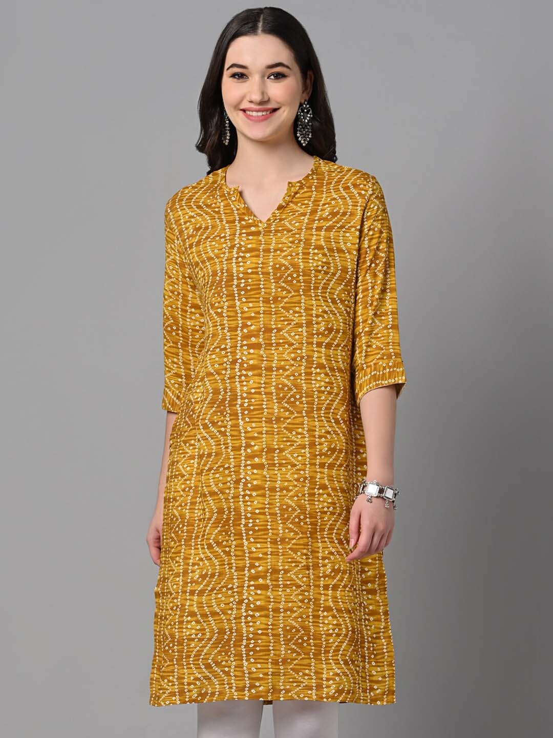 

KALINI Bandhani Printed Straight Kurta, Mustard