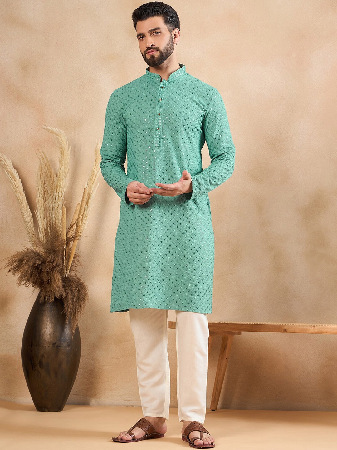 

HERE&NOW Ethnic Motifs Embroidered Straight Kurta, Green