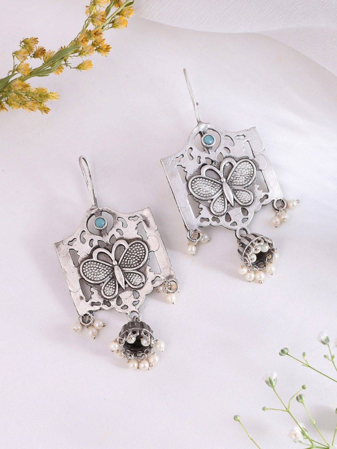 

DASTOOR Butterfly Shaped Oxidised Silver Jhumkas