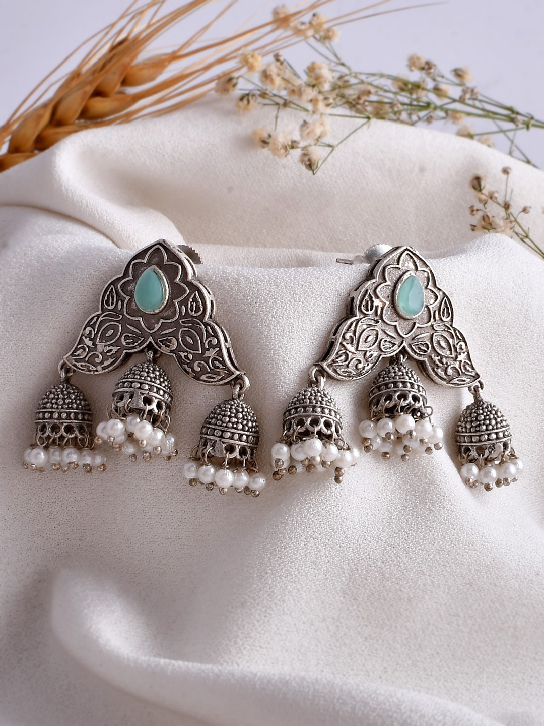 

DASTOOR Silver-Plated Stones Studded Beads Beaded Contemporary Oxidised Jhumkas