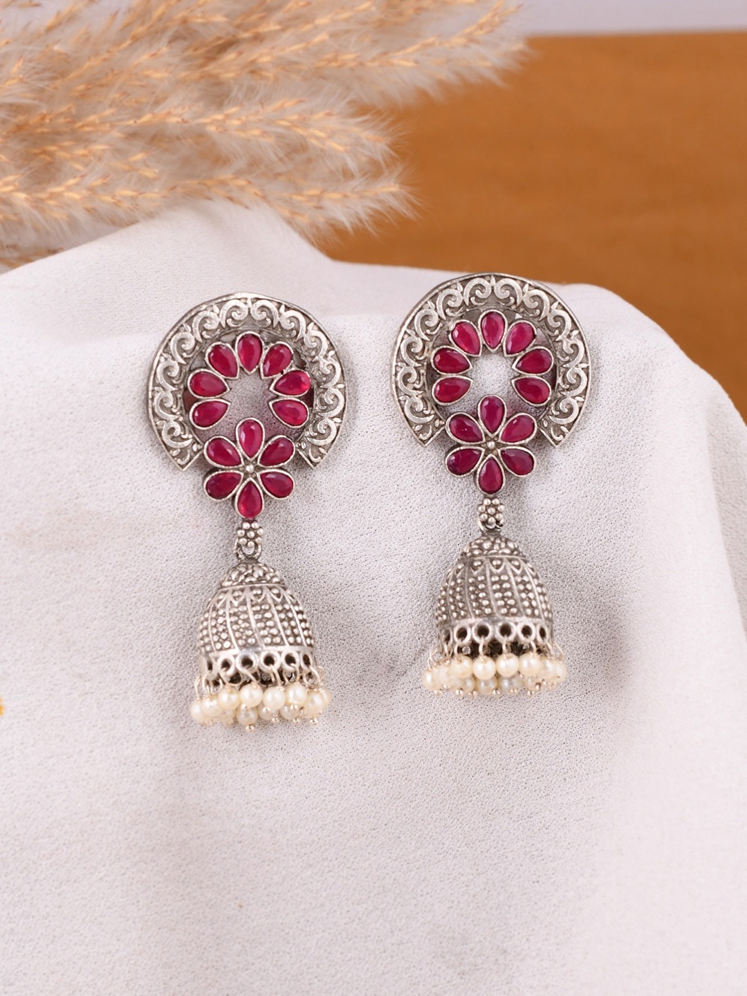 

DASTOOR Oxidised Silver Contemporary Jhumkas