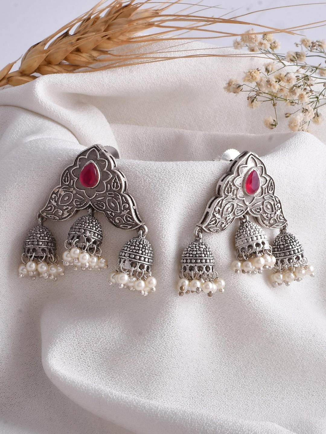 

DASTOOR Silver-Plated Oxidised Classic Jhumkas