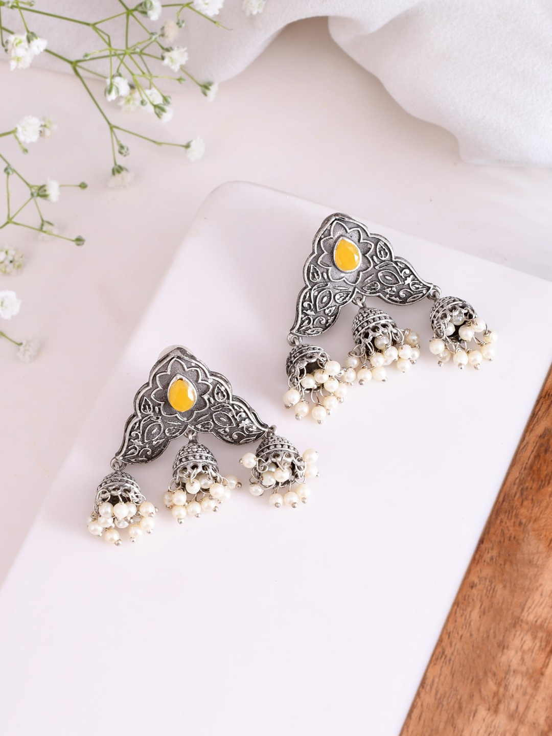 

DASTOOR Silver-Plated Oxidised Classic Jhumkas