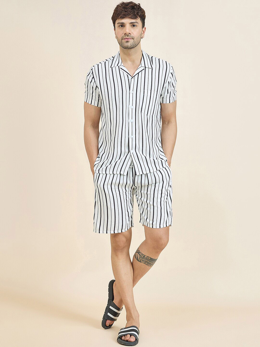 

Sweet Dreams Lapel Collar Striped Night suit, White