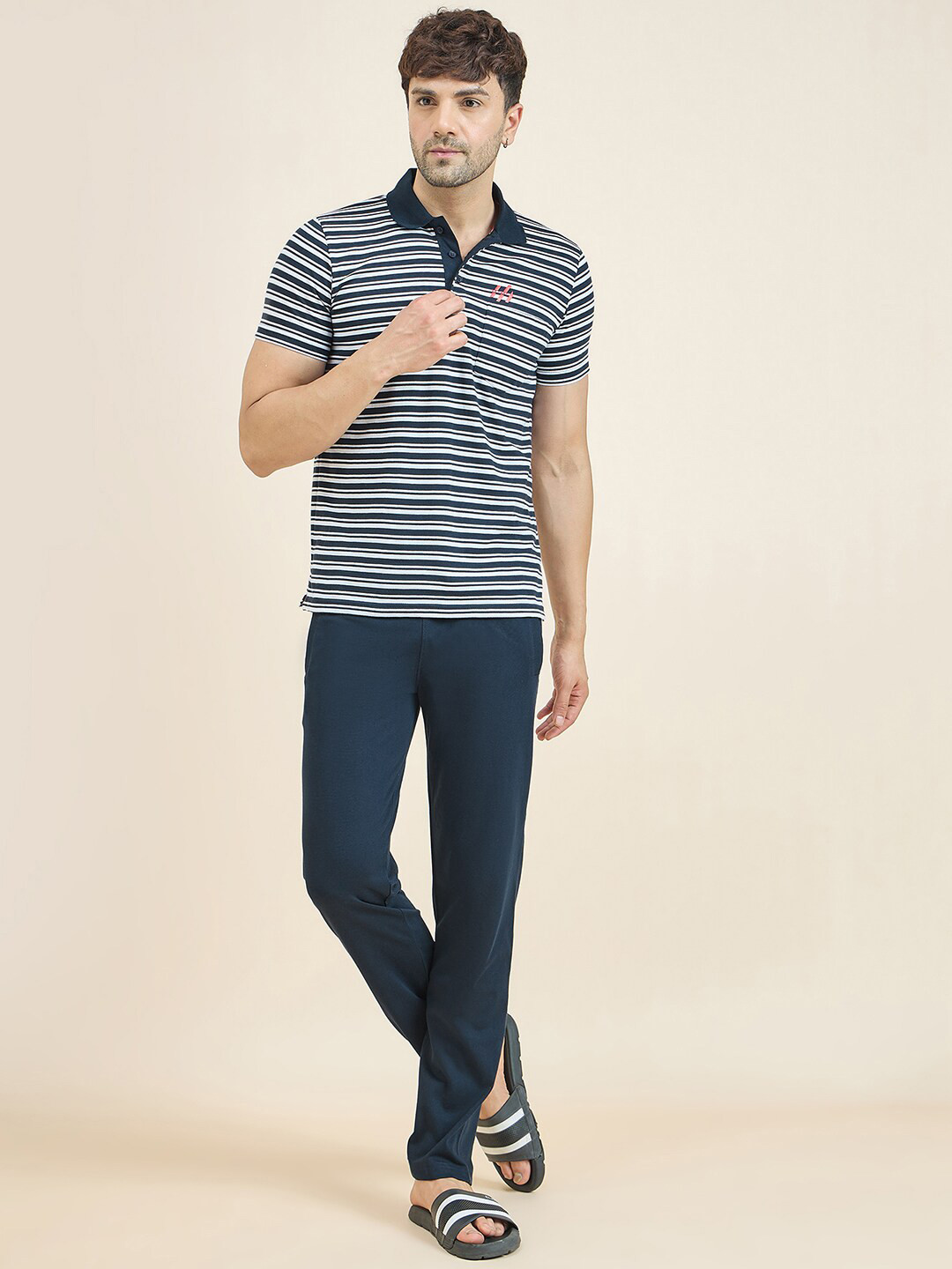 

Sweet Dreams Shirt Collar Striped Night suit, Navy blue