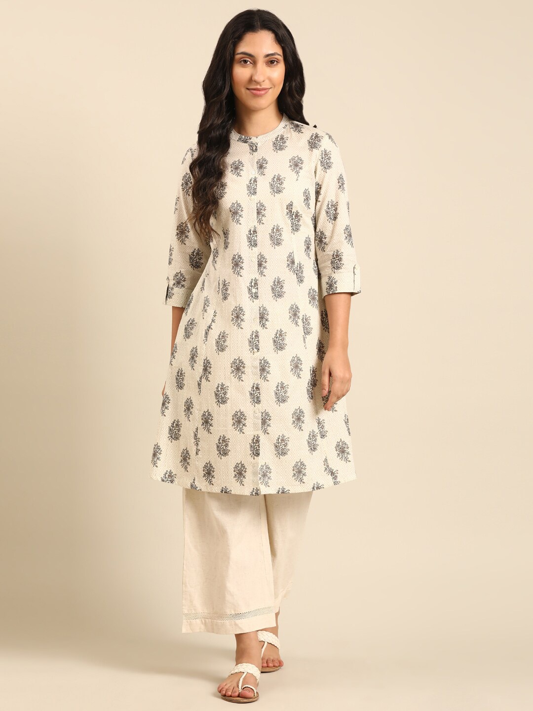 

IMARA Floral Printed Pure Cotton Straight Kurta, Off white