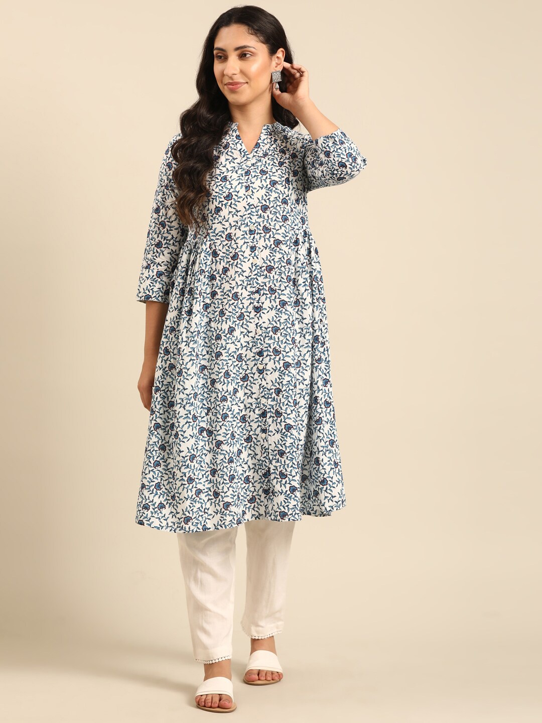 

IMARA Floral Printed Pure Cotton A-Line Kurta, Off white