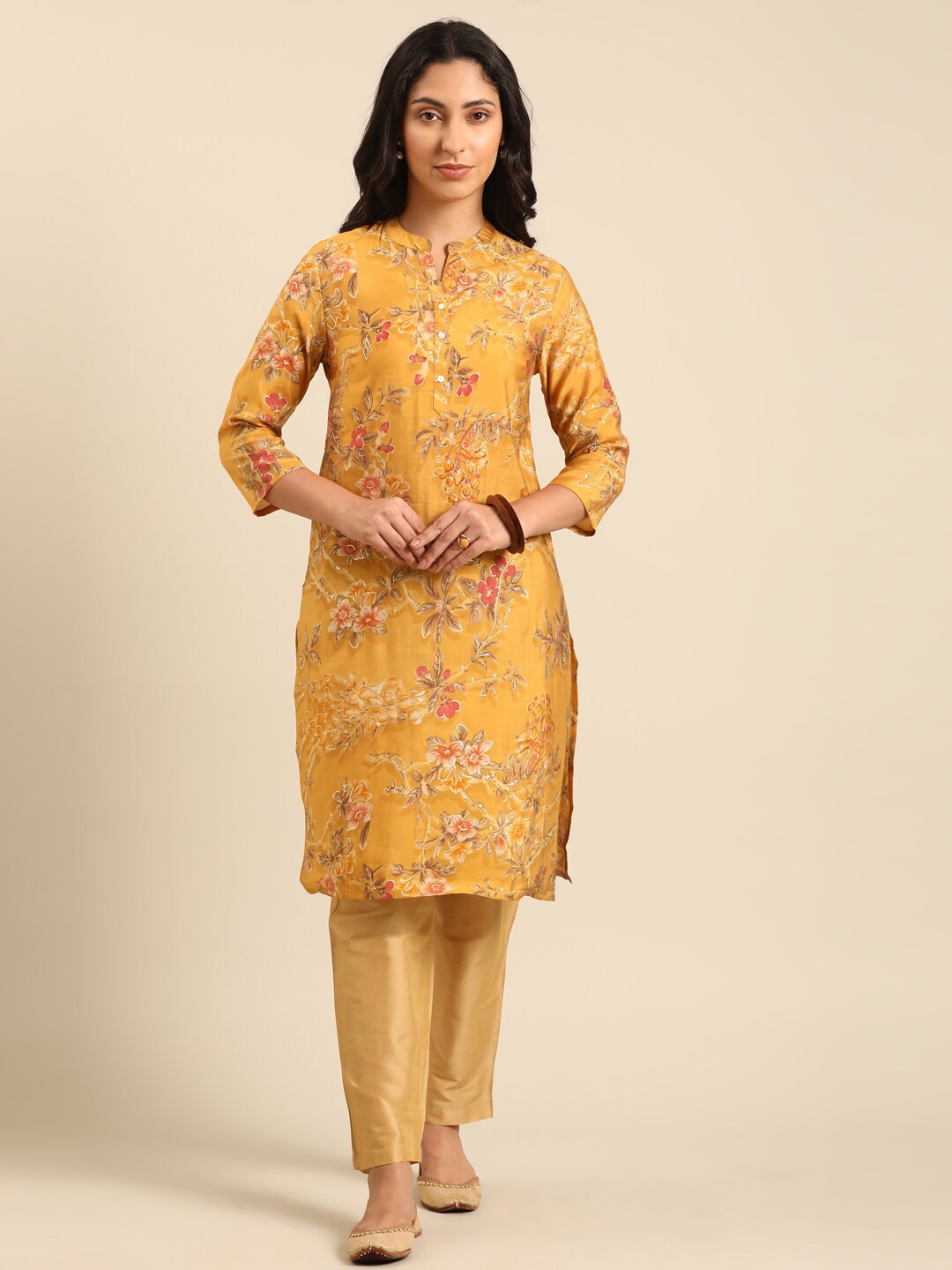 

IMARA Floral Printed Straight Kurta, Mustard