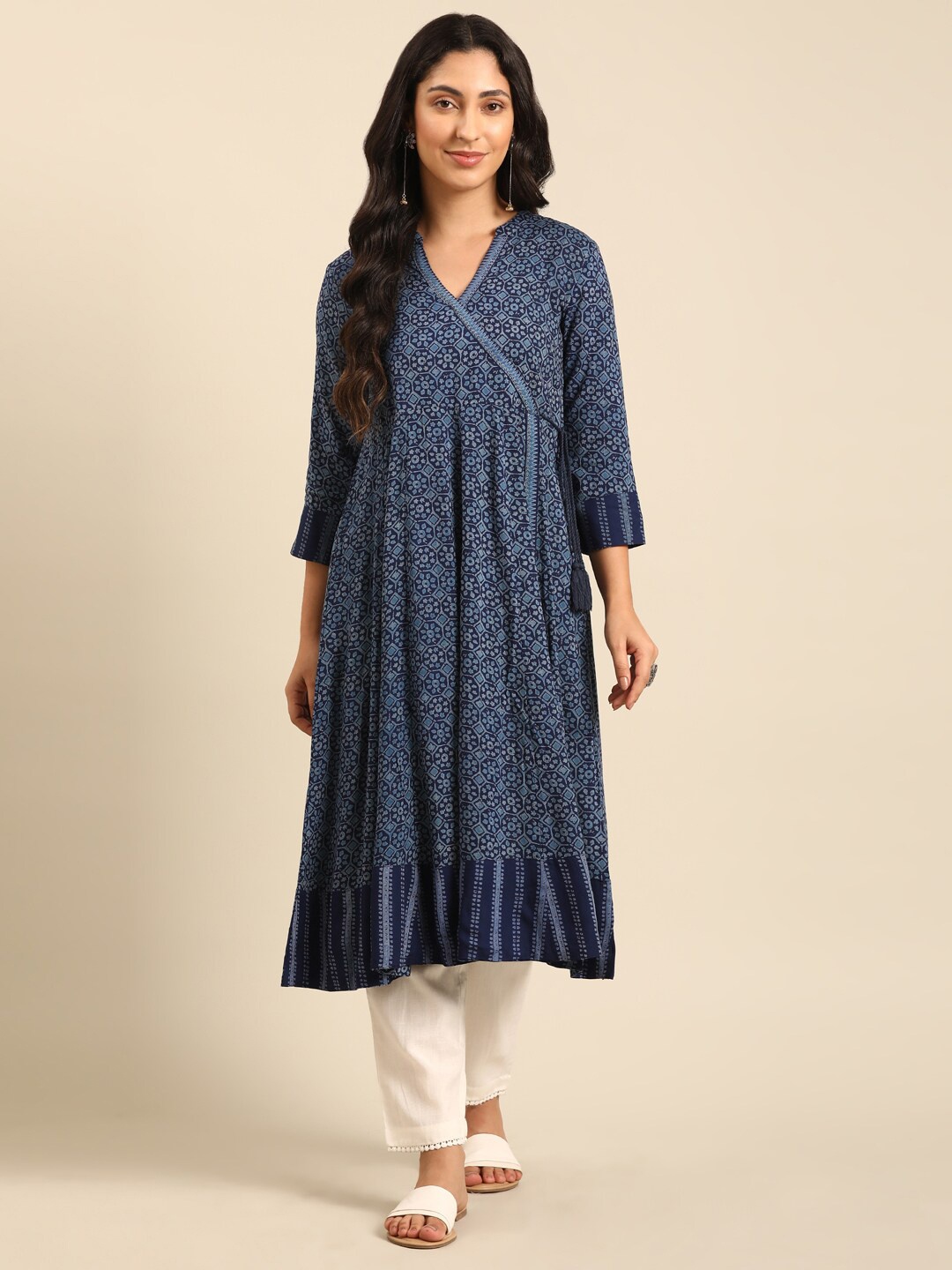 

IMARA Geometric Printed V-Neck Angrakha Anarkali Kurta, Blue