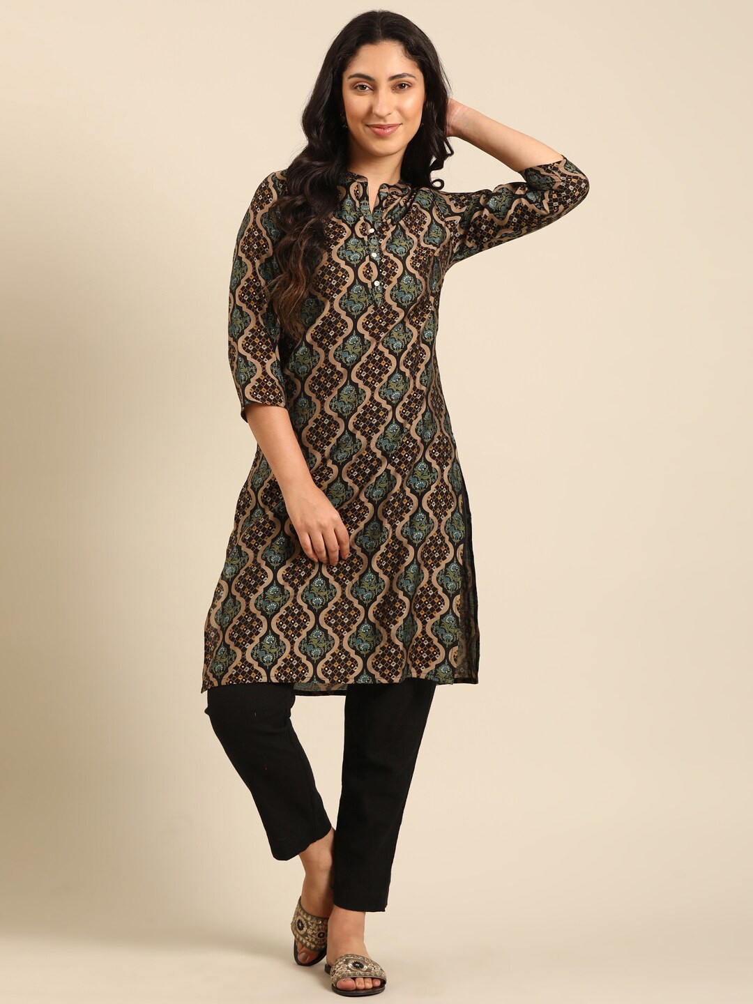 

IMARA Ethnic Motifs Printed Straight Kurta, Black