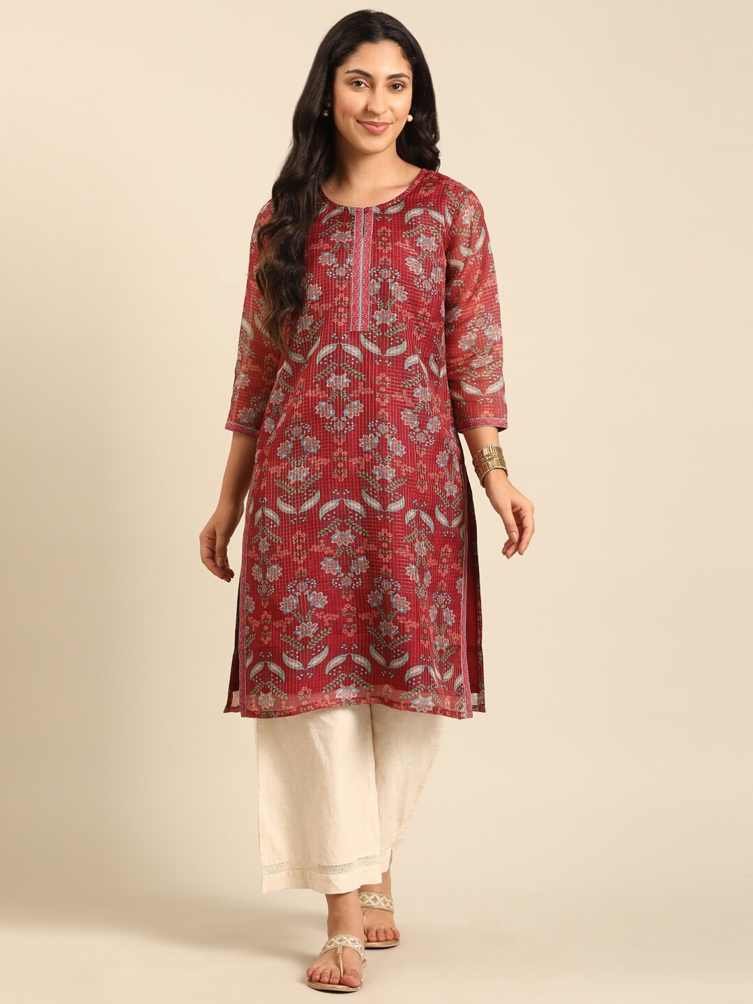 

IMARA Floral Printed Cotton Straight Kurta, Maroon