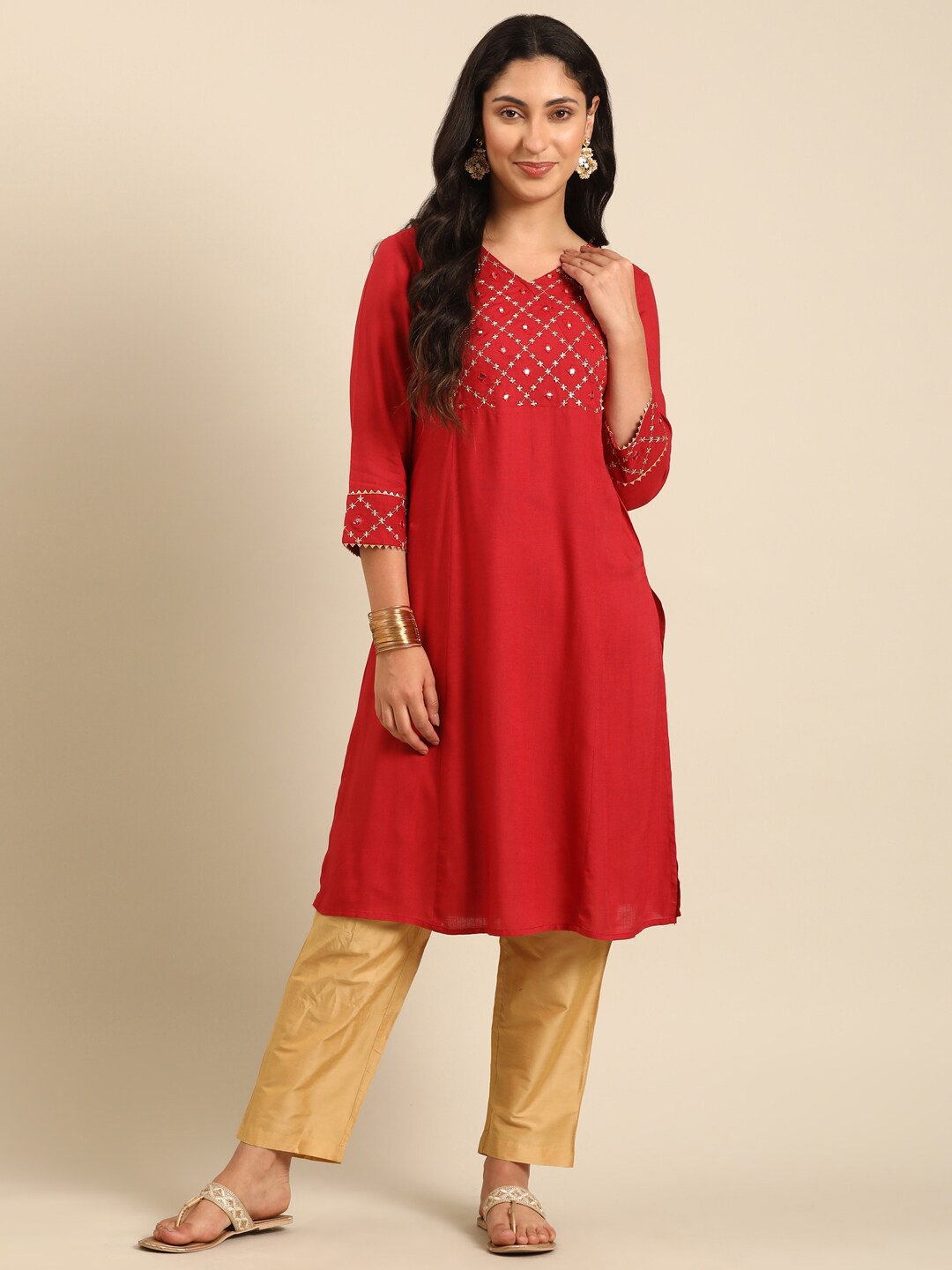 

IMARA Ethnic Motifs Yoke Design Mirror Work A-Line Kurta, Red