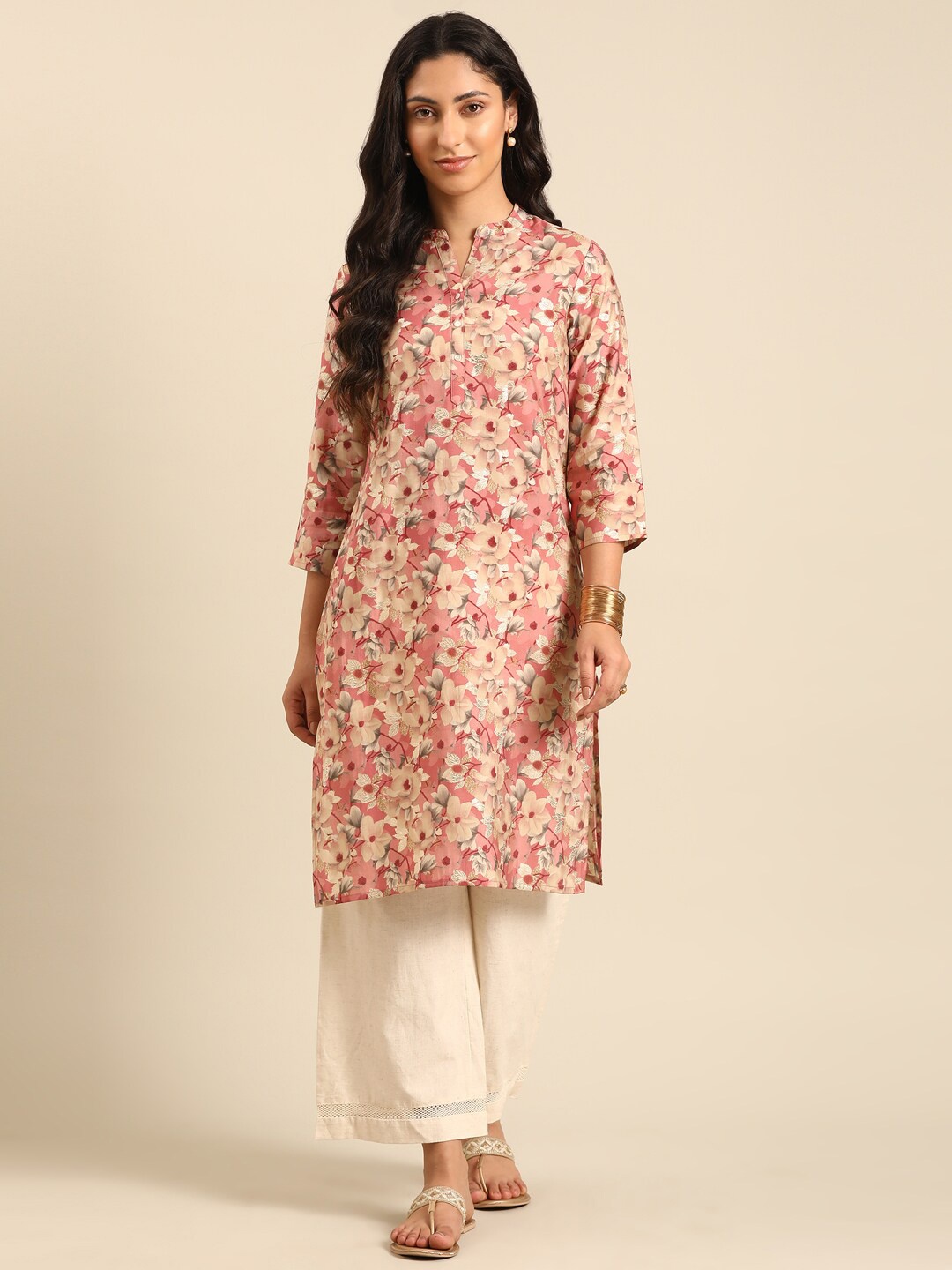 

IMARA Women Floral Printed Straight Kurta, Pink