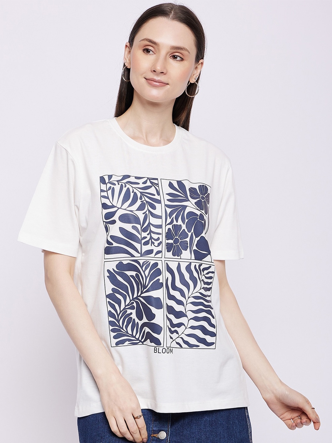 

Wear Your Mind Floral Printed Drop Shoulder Sleeves Oversized Pure Cotton T-shirt, White