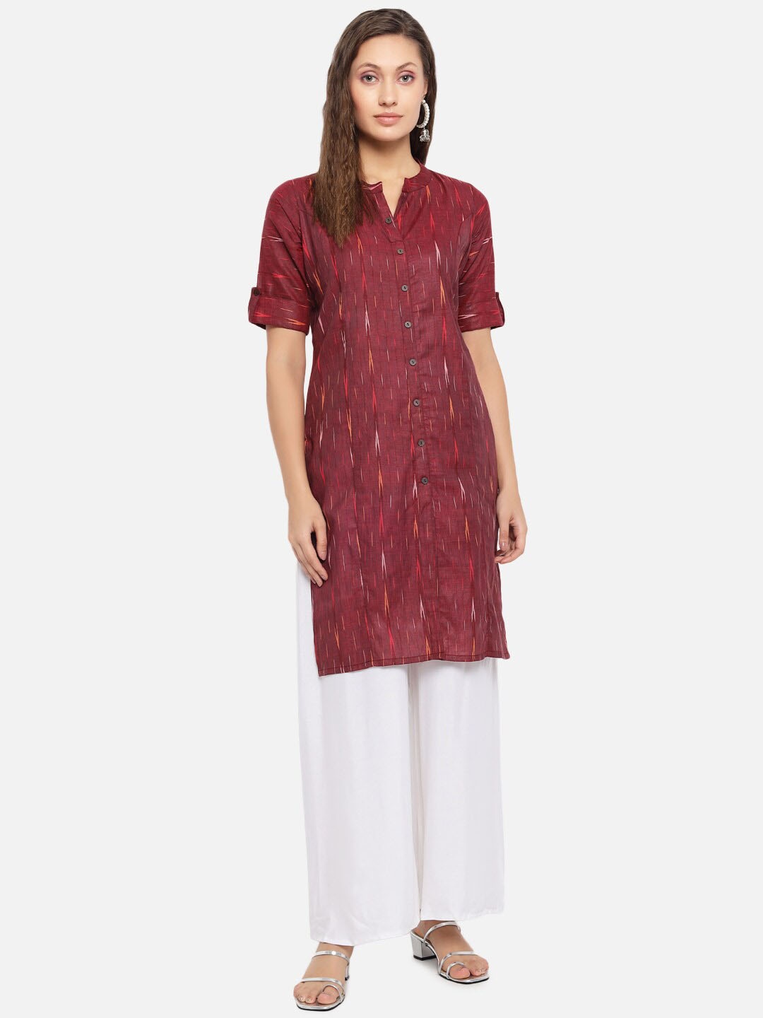 

KALINI Ikat Printed Cotton Mandarin Collar Kurta, Maroon