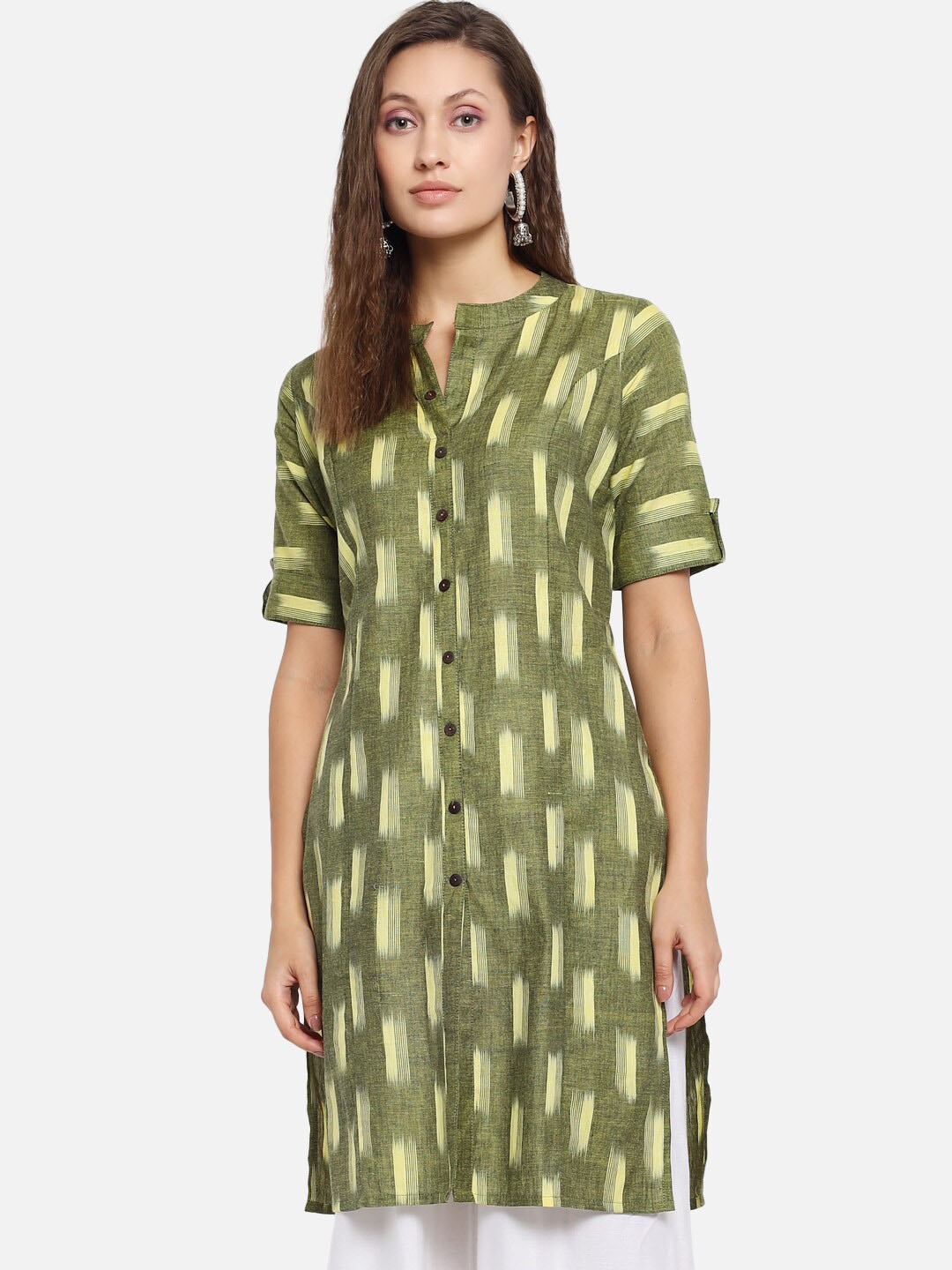 

KALINI Ikat Printed Cotton Mandarin Collar Kurta, Green