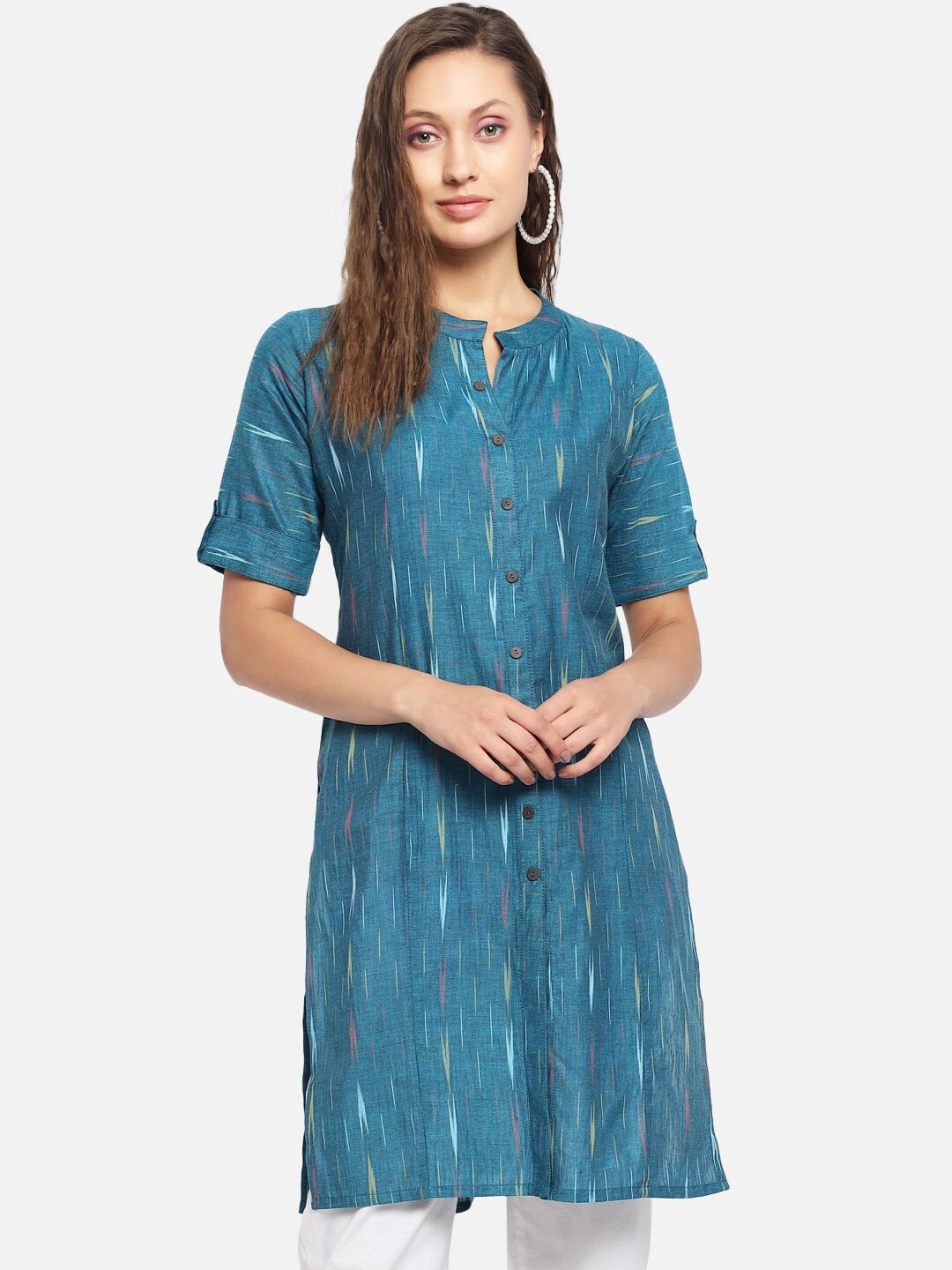 

KALINI Ikat Printed Cotton Mandarin Collar Kurta, Teal