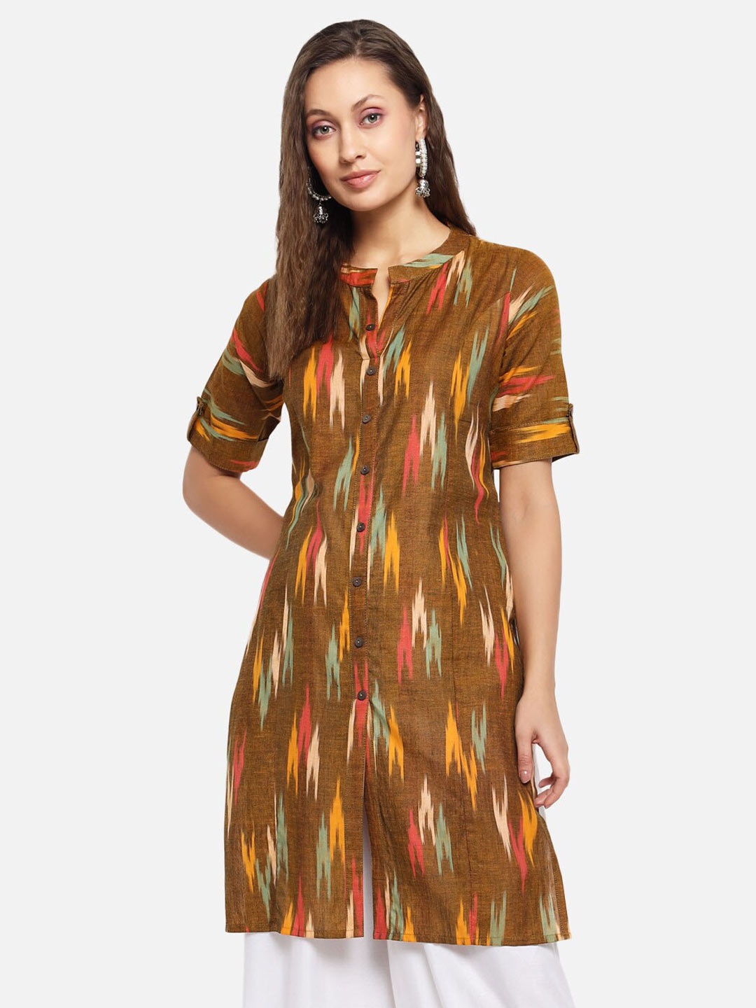 

KALINI Ikat Printed Cotton Mandarin Collar Pure Cotton Kurta, Olive