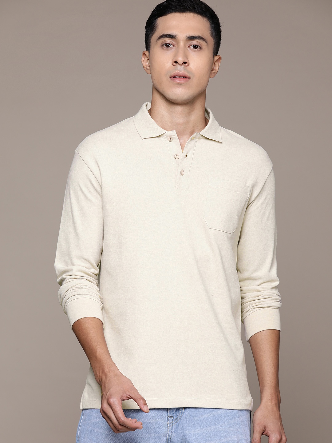 

Roadster Men Polo Collar Pure Cotton T-shirt, Beige